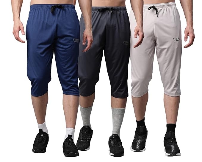 VIMAL JONNEY Dryfit Lycra Solid Multicolor 3/4th Capri for Men (Pack of 3)-Dryfit_D13_BLU_Gry_L.Gry_03-P