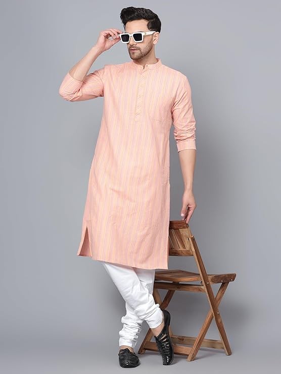 Latest Chikan Men's Cotton Regular Striped Knee Lenght Kurta Full Sleeves - Casual Ethnic Wear