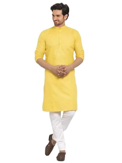 LookMark Men's Cotton Blend Yellow Straight (Kurta 02-L_)