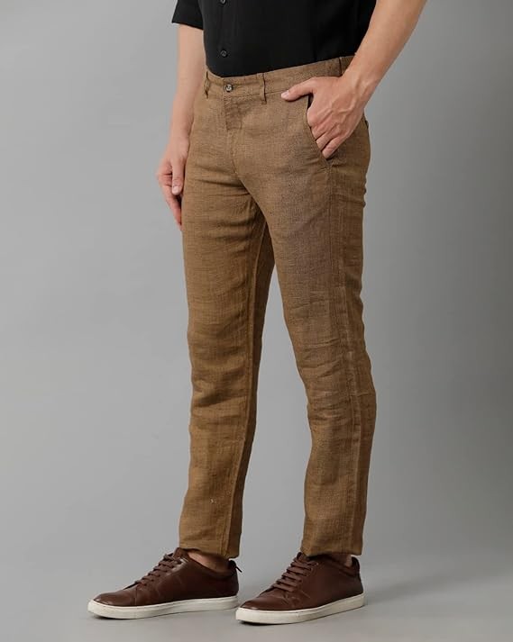 Linen Club Brown Casual Mid-Rise Active Waist Trouser for Men