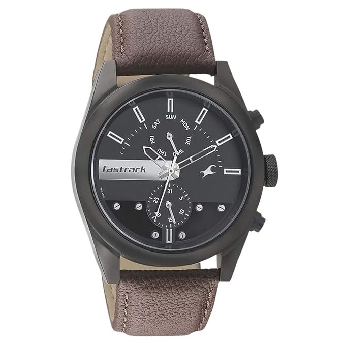 Fastrack Men Leather Black Dial Analog Watch -Nr3165Nl01, Band Color-Brown