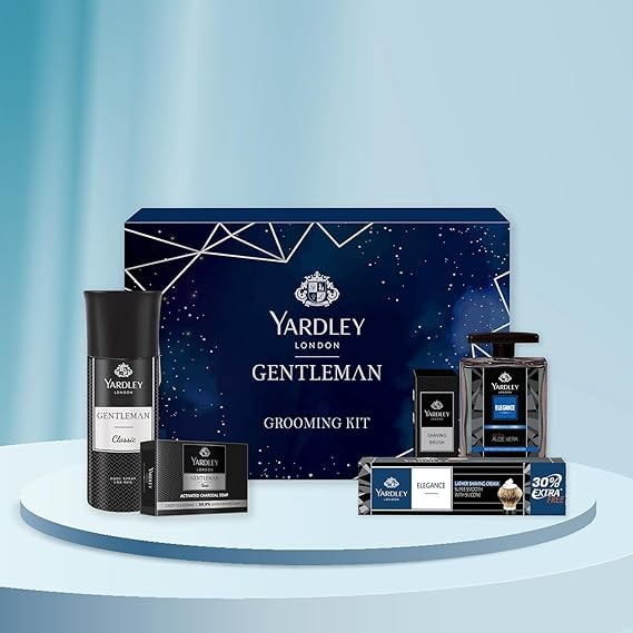 Yardley London Gentleman Luxury Grooming Kit For Men With Classic Activated Charcoal Soap, Elegance Lather Shaving Cream, After Shave Lotion, Shaving Brush, and Classic Body Deodorant Spray| Elite Gif