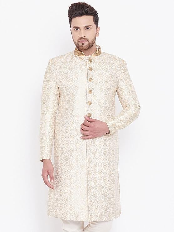 Visit the VASTRAMAY Store VASTRAMAY Men's Beige And Gold Silk Blend Sherwani Only Top